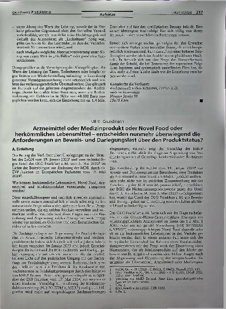 Vorschauseite 1: Arzneimittel oder Medizinprodukt oder Novel Food oder herkömmliches Lebensmittel - entscheiden nunmehr überwiegend die Anforderungen an Beweisund Darlegungslast über den Produktst…