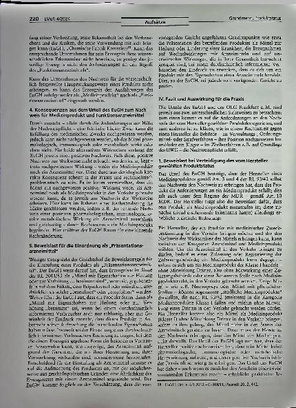 Vorschauseite 4: Arzneimittel oder Medizinprodukt oder Novel Food oder herkömmliches Lebensmittel - entscheiden nunmehr überwiegend die Anforderungen an Beweisund Darlegungslast über den Produktst…