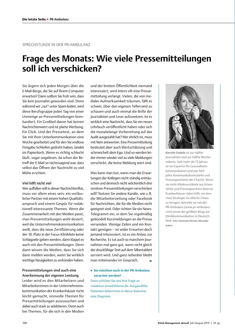 Vorschauseite 1: Sprechstunde in der PR-Ambulanz: Frage des Monats: Wie viele Pressemitteilungen soll ich verschicken?