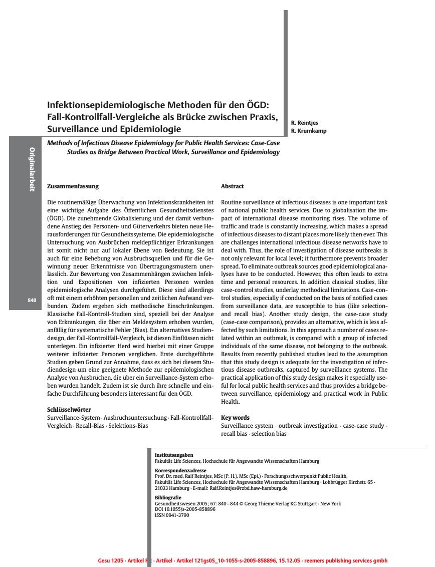 Vorschauseite 1: Infektionsepidemiologische Methoden für den ÖGD: Fall-Kontrollfall-Vergleiche als Brücke zwischen Praxis, Surveillance und Epidemiologie