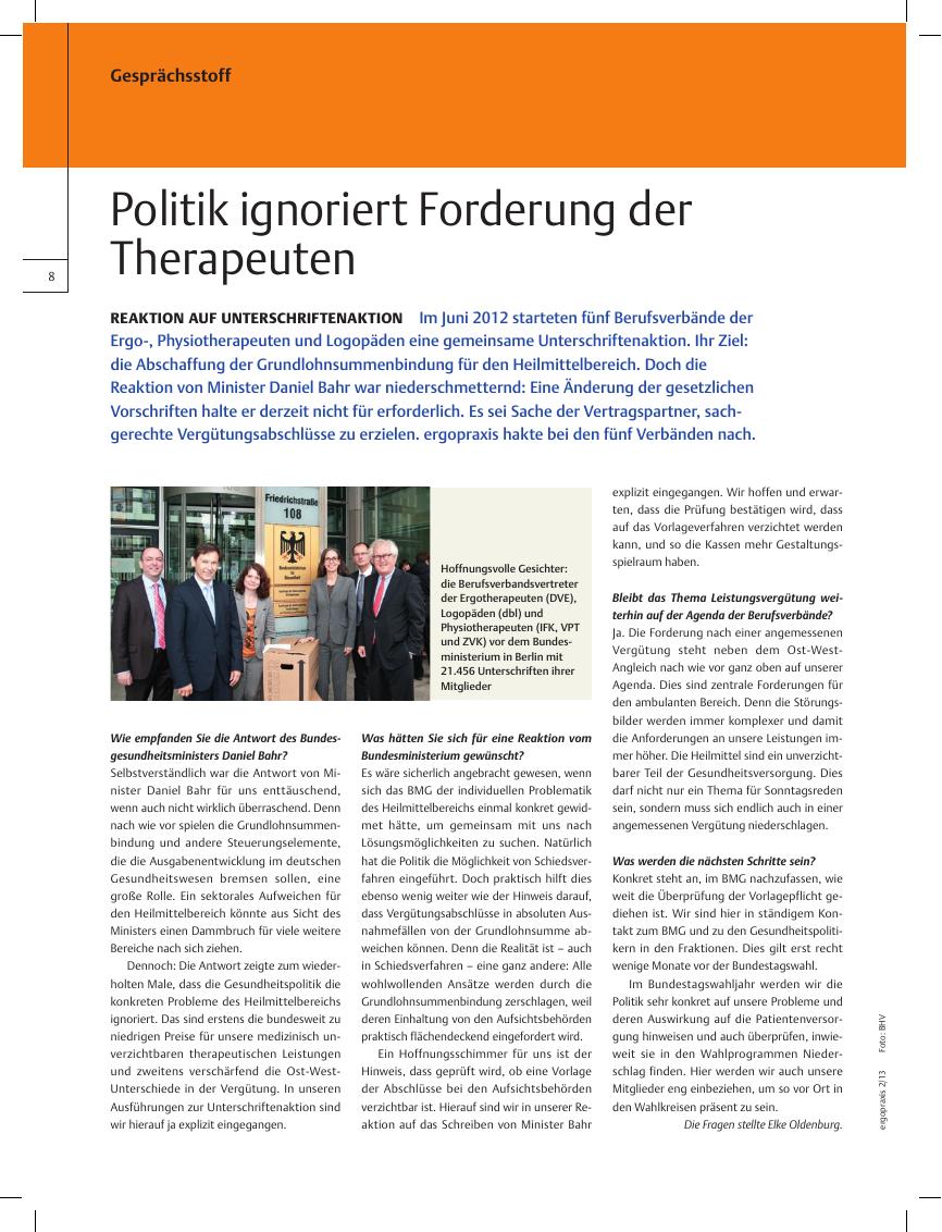 Vorschauseite 1: Reaktion auf Unterschriftenaktion ? Politik ignoriert Forderung der Therapeuten