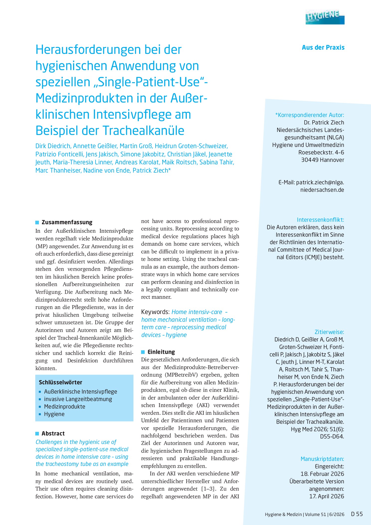 Vorschauseite 1: Herausforderungen bei der hygienischen Anwendung von speziellen „Single-Patient-Use“-Medizinprodukten in der außerklinischen Intensivpflege am Beispiel der Trachealkanüle