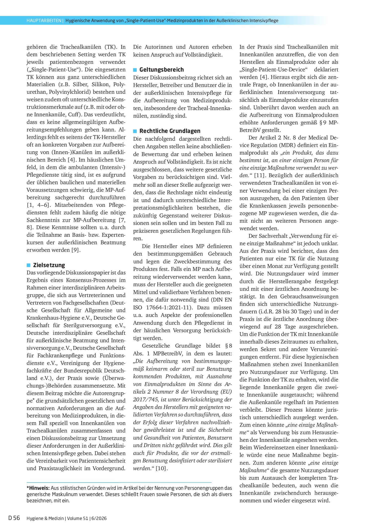 Vorschauseite 2: Herausforderungen bei der hygienischen Anwendung von speziellen „Single-Patient-Use“-Medizinprodukten in der außerklinischen Intensivpflege am Beispiel der Trachealkanüle