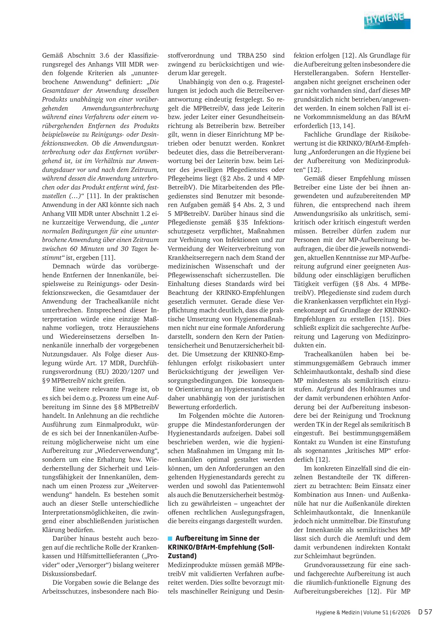 Vorschauseite 3: Herausforderungen bei der hygienischen Anwendung von speziellen „Single-Patient-Use“-Medizinprodukten in der außerklinischen Intensivpflege am Beispiel der Trachealkanüle