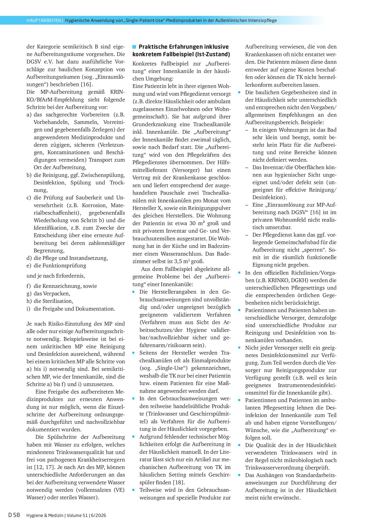Vorschauseite 4: Herausforderungen bei der hygienischen Anwendung von speziellen „Single-Patient-Use“-Medizinprodukten in der außerklinischen Intensivpflege am Beispiel der Trachealkanüle