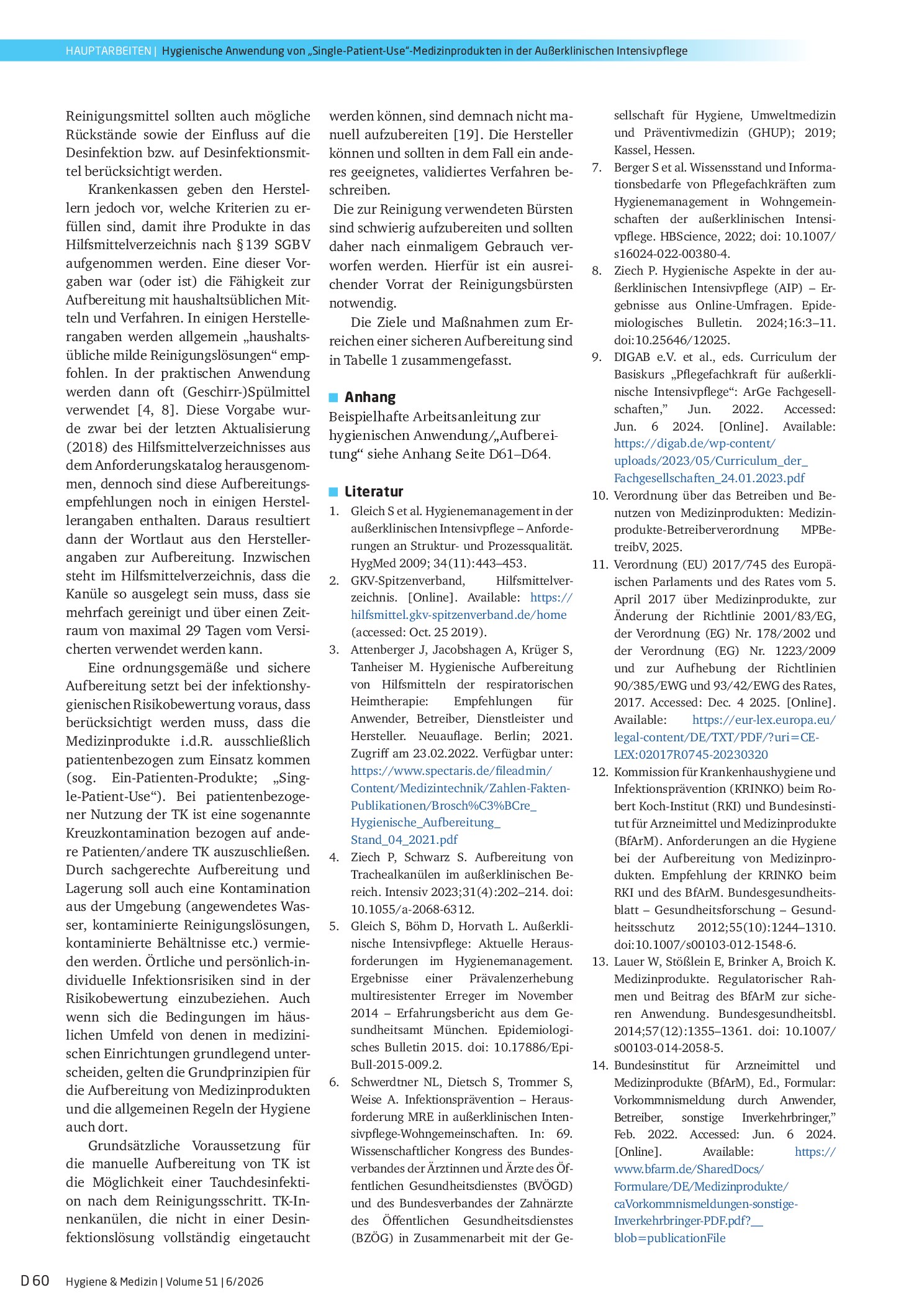 Vorschauseite 6: Herausforderungen bei der hygienischen Anwendung von speziellen „Single-Patient-Use“-Medizinprodukten in der außerklinischen Intensivpflege am Beispiel der Trachealkanüle