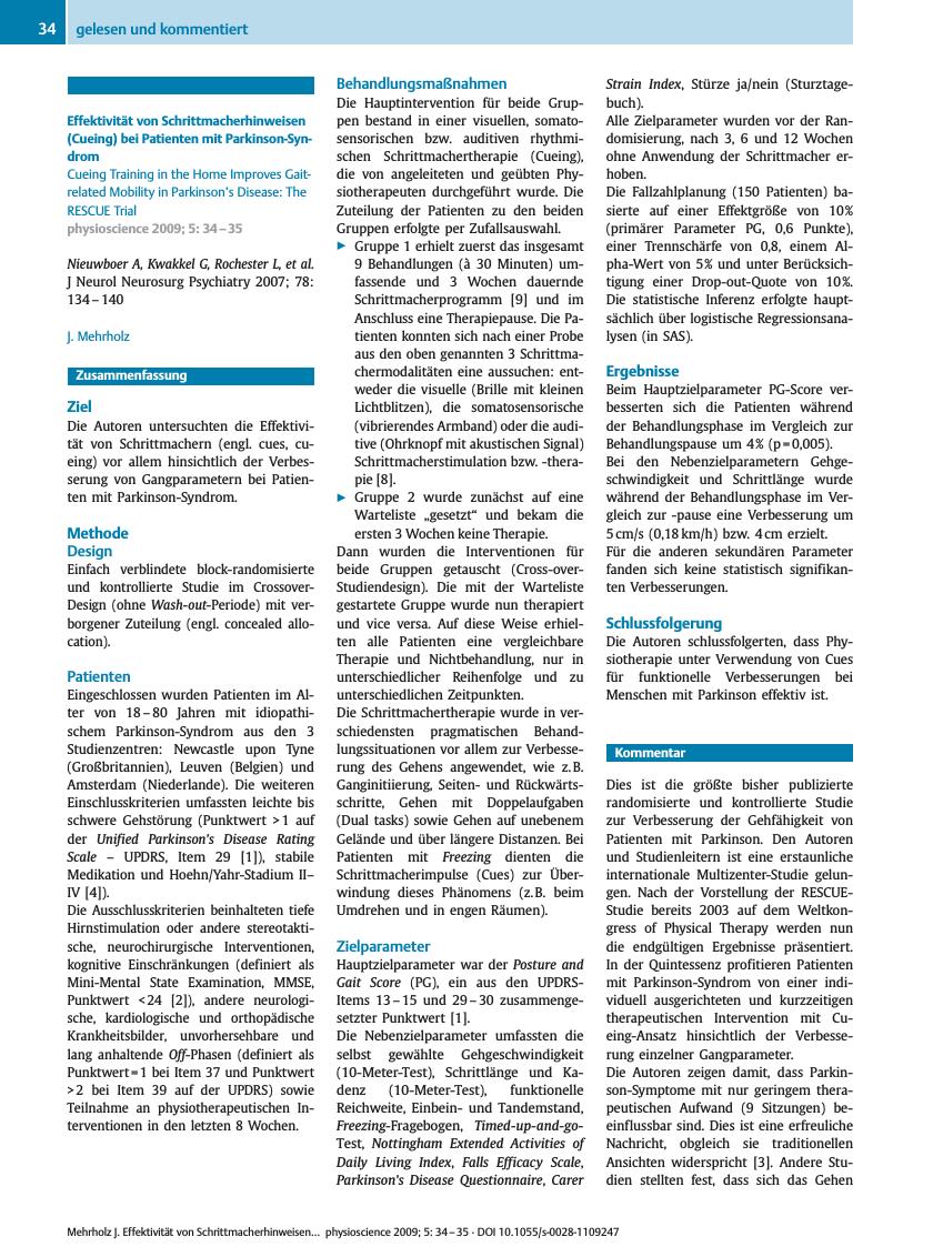 Vorschauseite 1: Effektivität von Schrittmacherhinweisen (Cueing) bei Patienten mit Parkinson-Syndrom