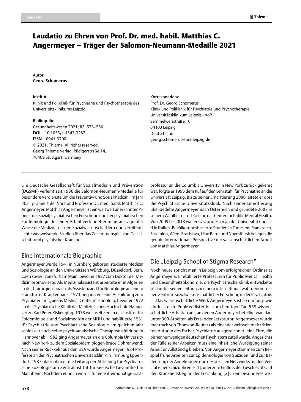 Vorschauseite 1: Laudatio zu Ehren von Prof. Dr. med. habil. Matthias C. Angermeyer – Träger der Salomon-Neumann-Medaille 2021