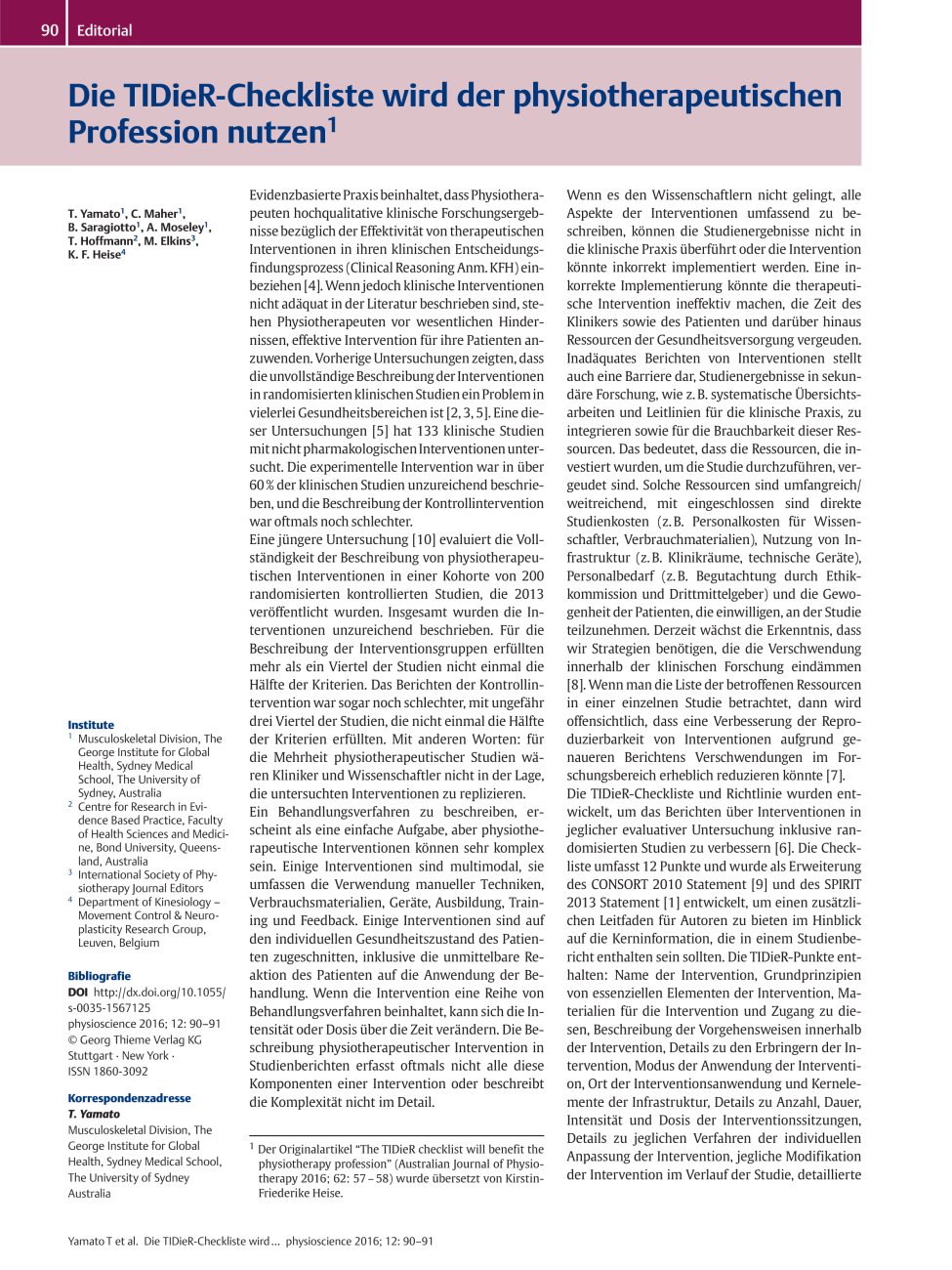 Vorschauseite 1: Die TIDieR-Checkliste wird der physiotherapeutischen Profession nutzen