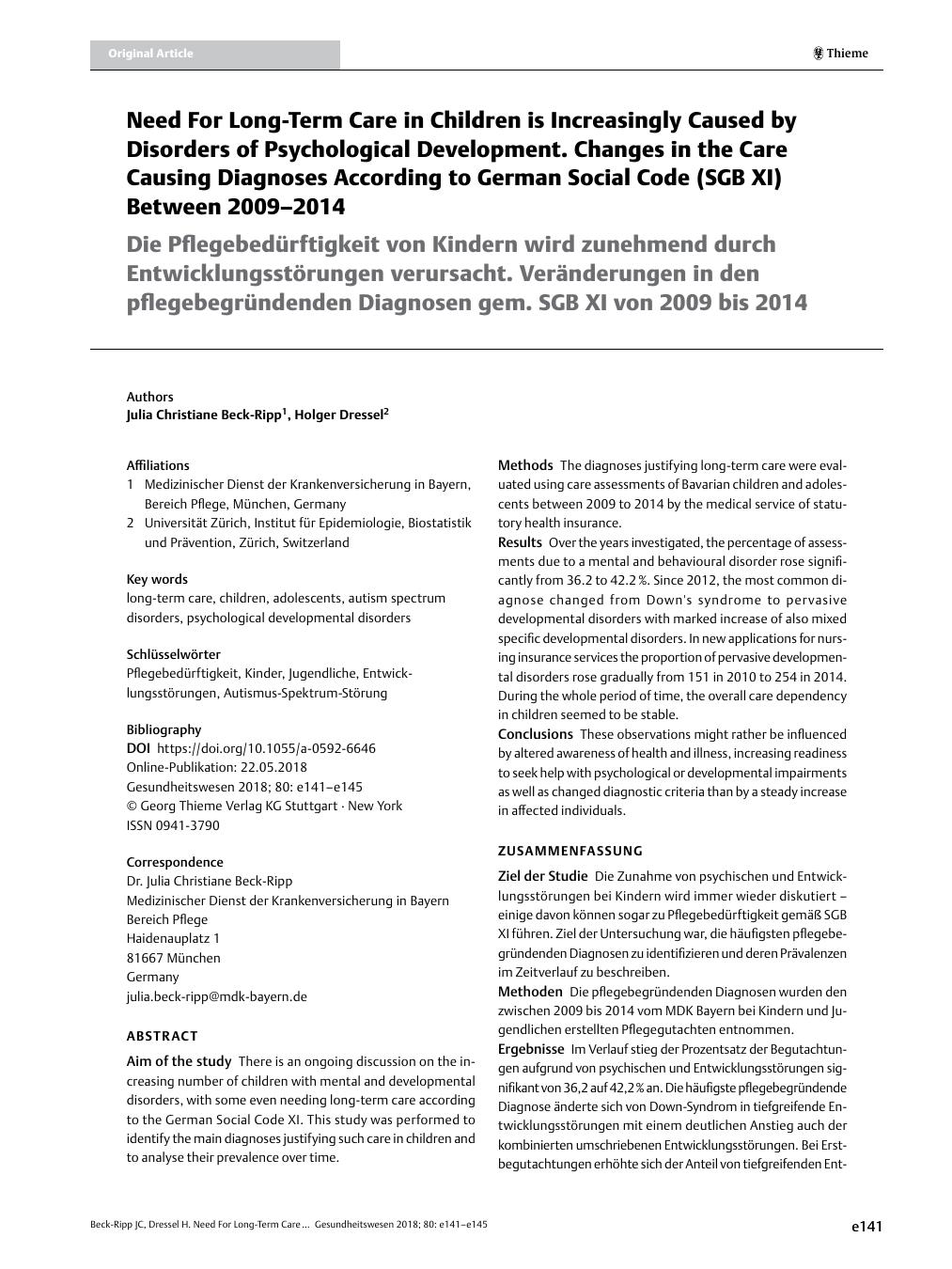 Vorschauseite 1: Need For Long-Term Care in Children is Increasingly Caused by Disorders of Psychological Development. Changes in the Care Causing Diagnoses According to German Social Code (SGB XI…