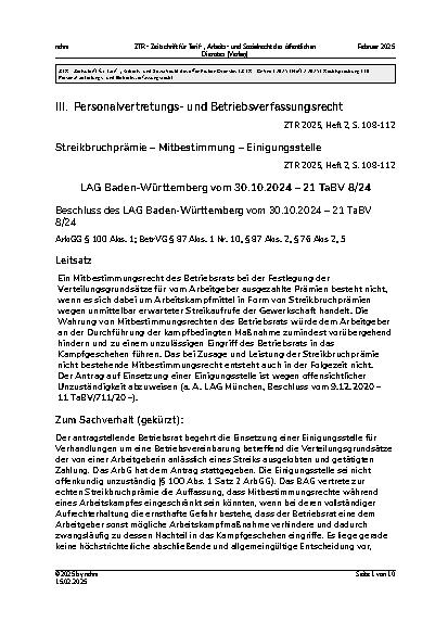 Vorschauseite 1: III. Personalvertretungsund Betriebsverfassungsrecht Streikbruchprämie – Mitbestimmung – Einigungsstelle