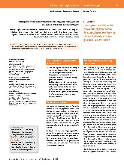 Vorschauseite 1: S1-Leitlinie Intraoperative klinische Anwendung von hämodynamischem Monitoring bei nicht-kardiochirurgischen Patient:innen