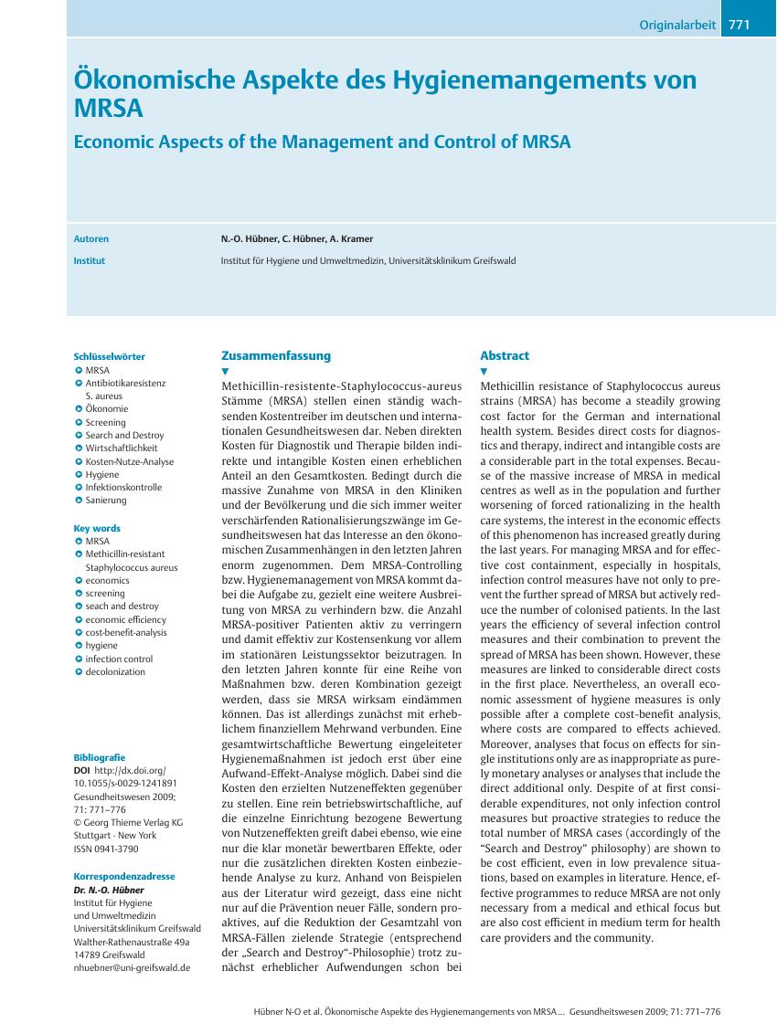Vorschauseite 1: Ökonomische Aspekte des Hygienemangements von MRSA