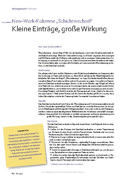 Vorschauseite 1: New-Work-Kolumne „Schichtwechsel“ Kleine Einträge, große Wirkung