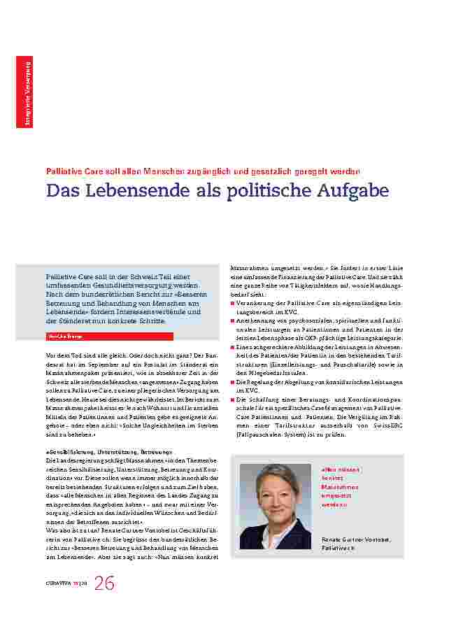 Vorschauseite 1: Palliative Care soll allen Menschen zugänglich und gesetzlich geregelt werden. Das Lebensende als politische Aufgabe.