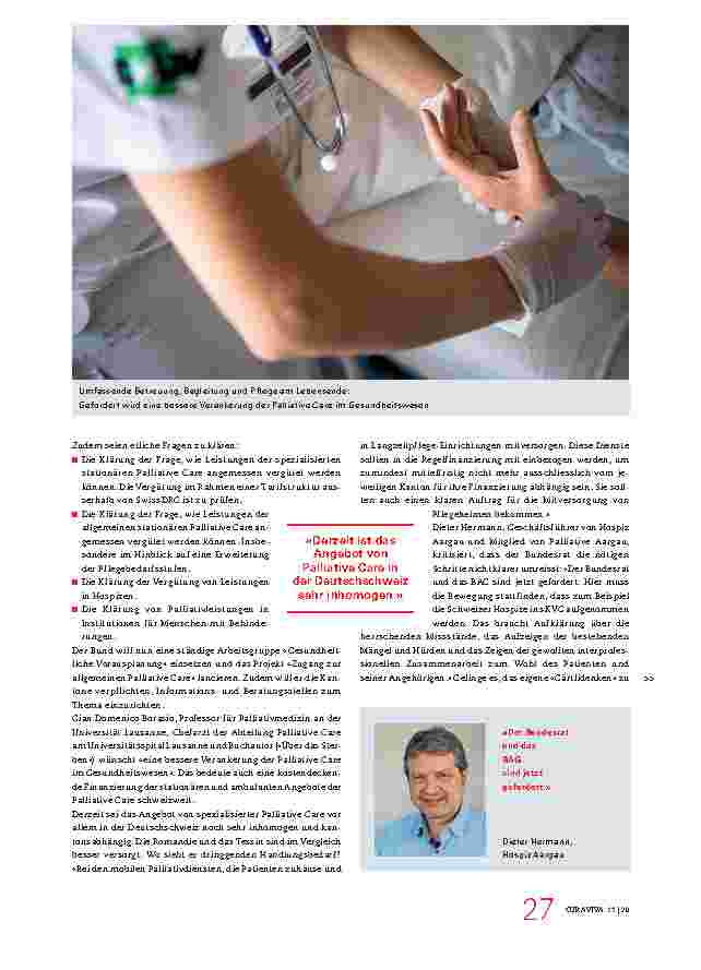 Vorschauseite 2: Palliative Care soll allen Menschen zugänglich und gesetzlich geregelt werden. Das Lebensende als politische Aufgabe.