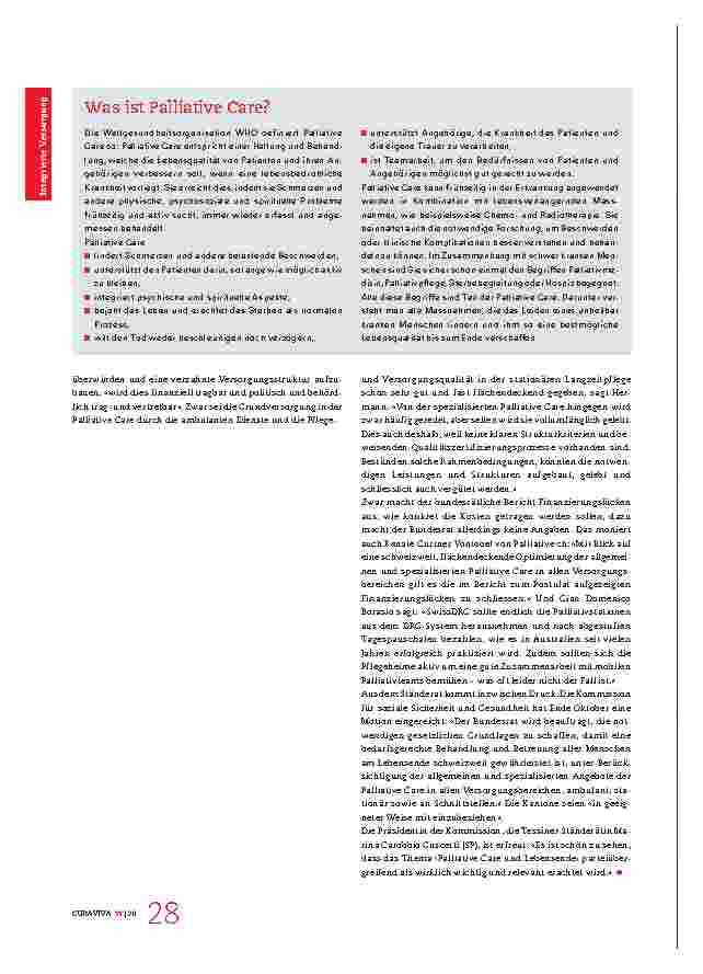 Vorschauseite 3: Palliative Care soll allen Menschen zugänglich und gesetzlich geregelt werden. Das Lebensende als politische Aufgabe.