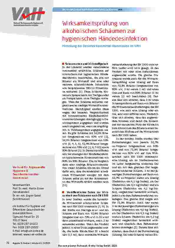 Vorschauseite 1: Wirksamkeitsprüfung von alkoholischen Schäumen zur hygienischen Händedesinfektion - Mitteilung der Desinfektionsmittel-Kommission im VAH