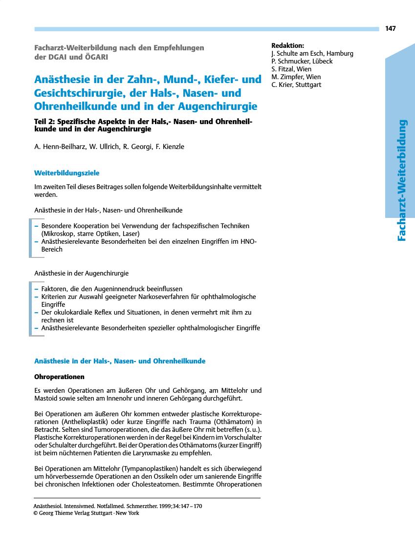 Vorschauseite 1: Anästhesie in der Zahn-, Mund-, Kieferund Gesichtschirurgie, der Hals-, Nasenund Ohrenheilkunde und in der Augenchirurgie