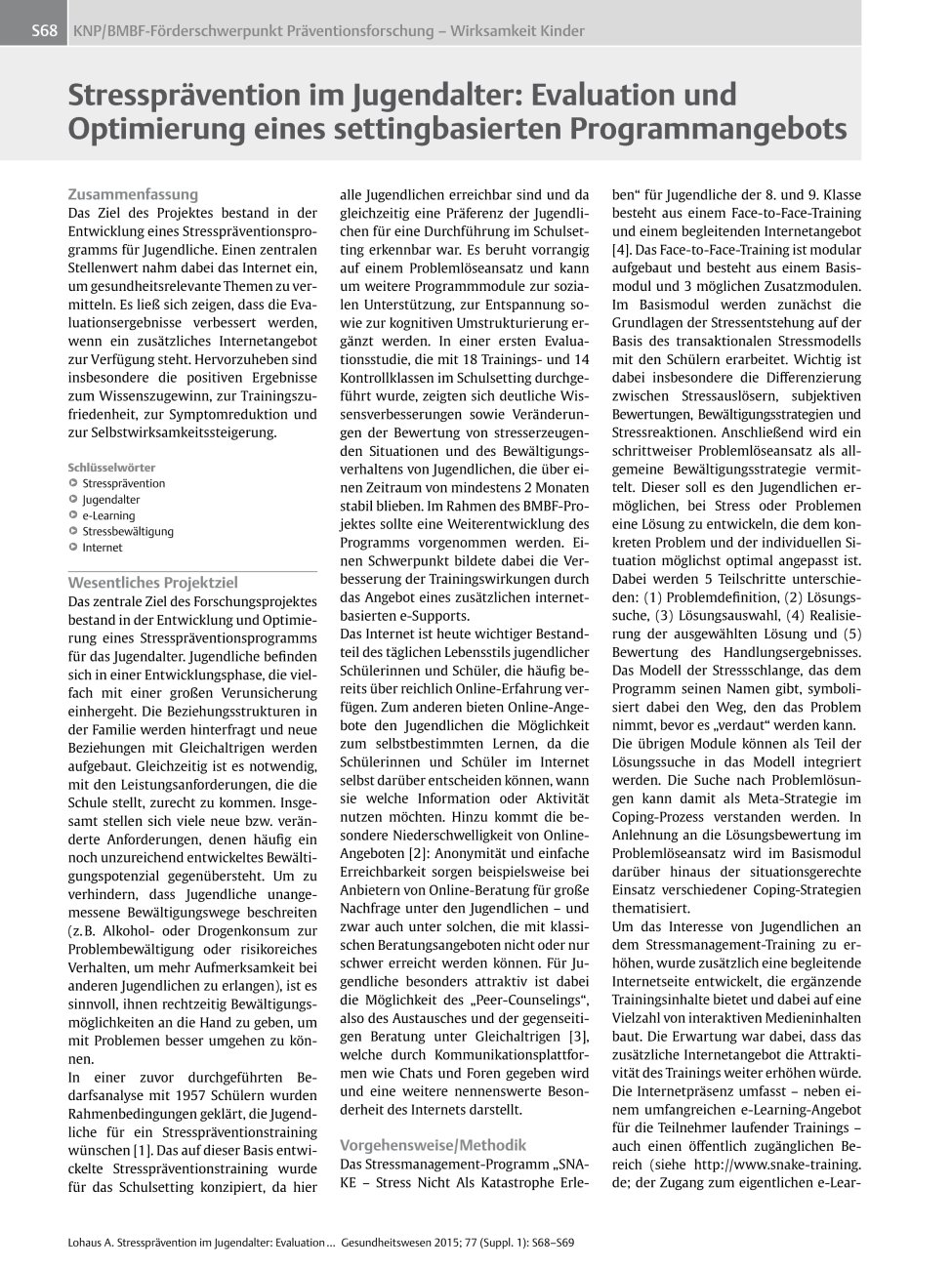 Vorschauseite 1: Stressprävention im Jugendalter: Evaluation und Optimierung eines settingbasierten Programmangebots