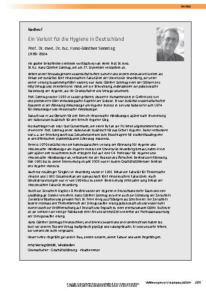 Vorschauseite 1: Nachruf Prof. Dr. med. Dr. h.c. Hans-Günther Sonntag 1938 – 2024