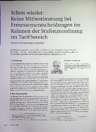 Vorschauseite 1: Schon wieder: Keine Mitbestimmung bei Ermessensentscheidungen im Rahmen der Stufenzuordnung im Tarifbereich.