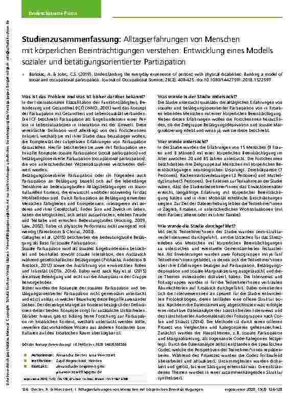 Vorschauseite 1: Studienzusammenfassung: Alltagserfahrungen von Menschen mit körperlichen Beeinträchtigungen verstehen: Entwicklung eines Modells sozialer und betätigungsorientierter Partizipation