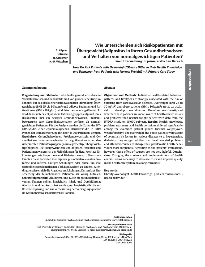 Vorschauseite 1: Wie unterscheiden sich Risikopatienten mit Übergewicht/Adipositas in ihrem Gesundheitswissen und Verhalten von normalgewichtigen Patienten?