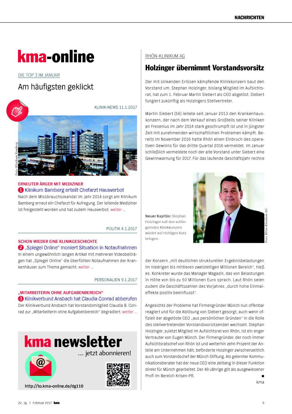 Vorschauseite 1: Rhön-Klinikum AG: Holzinger übernimmt Vorstandsvorsitz