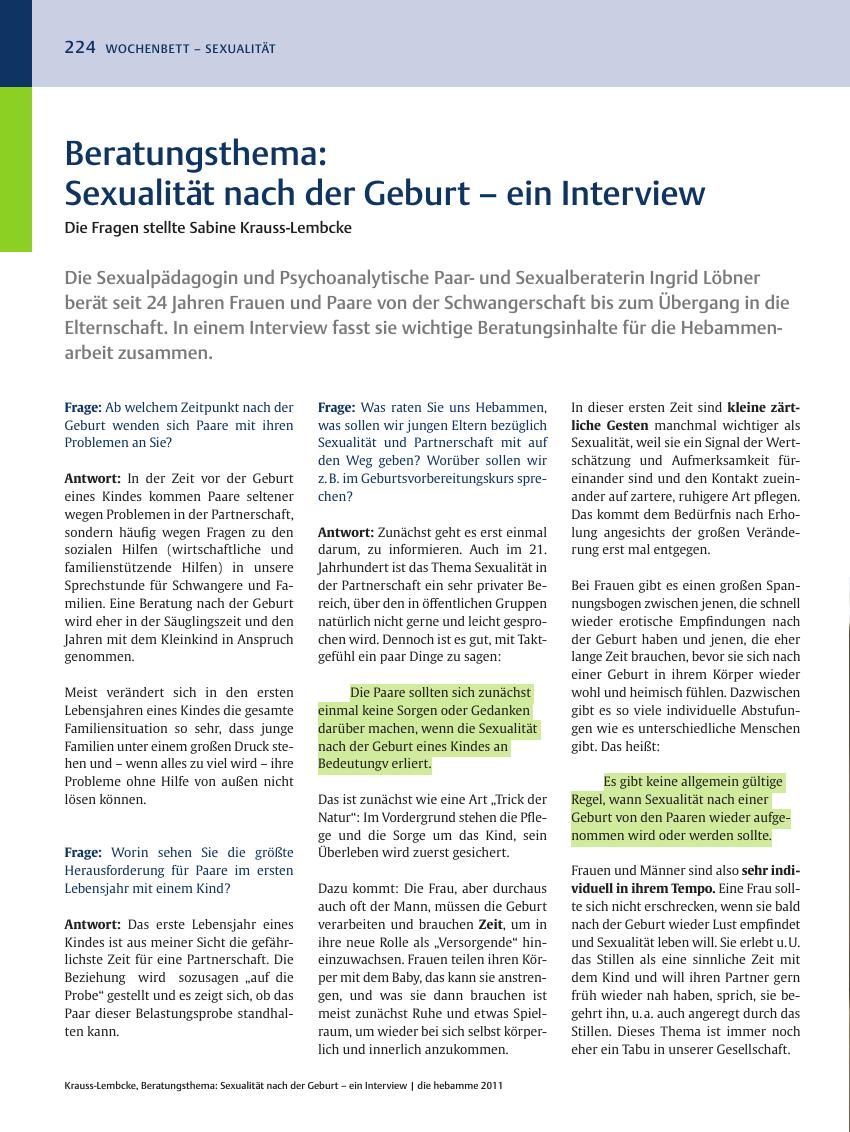 Vorschauseite 1: Beratungsthema: Sexualität nach der Geburt? ein Interview