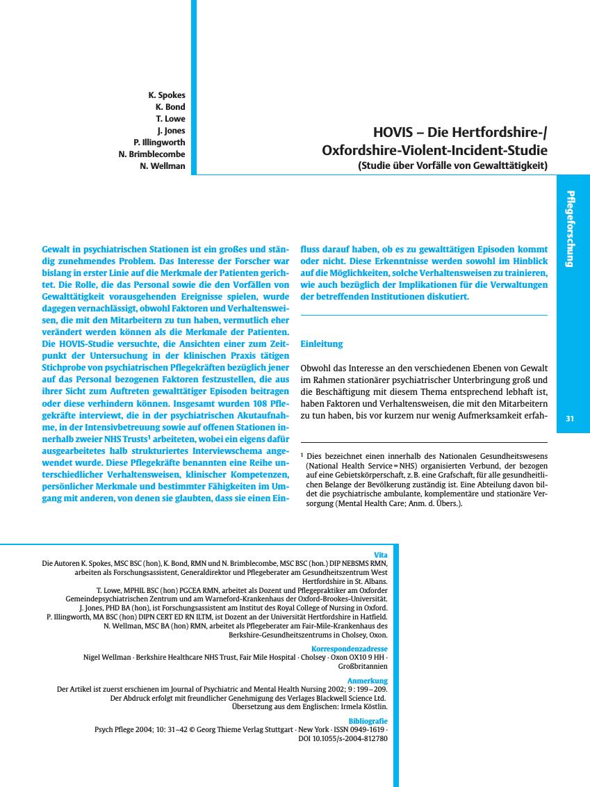 Vorschauseite 1: HOVIS - Die Hertfordshire-/ Oxfordshire-Violent-Incident-Studie