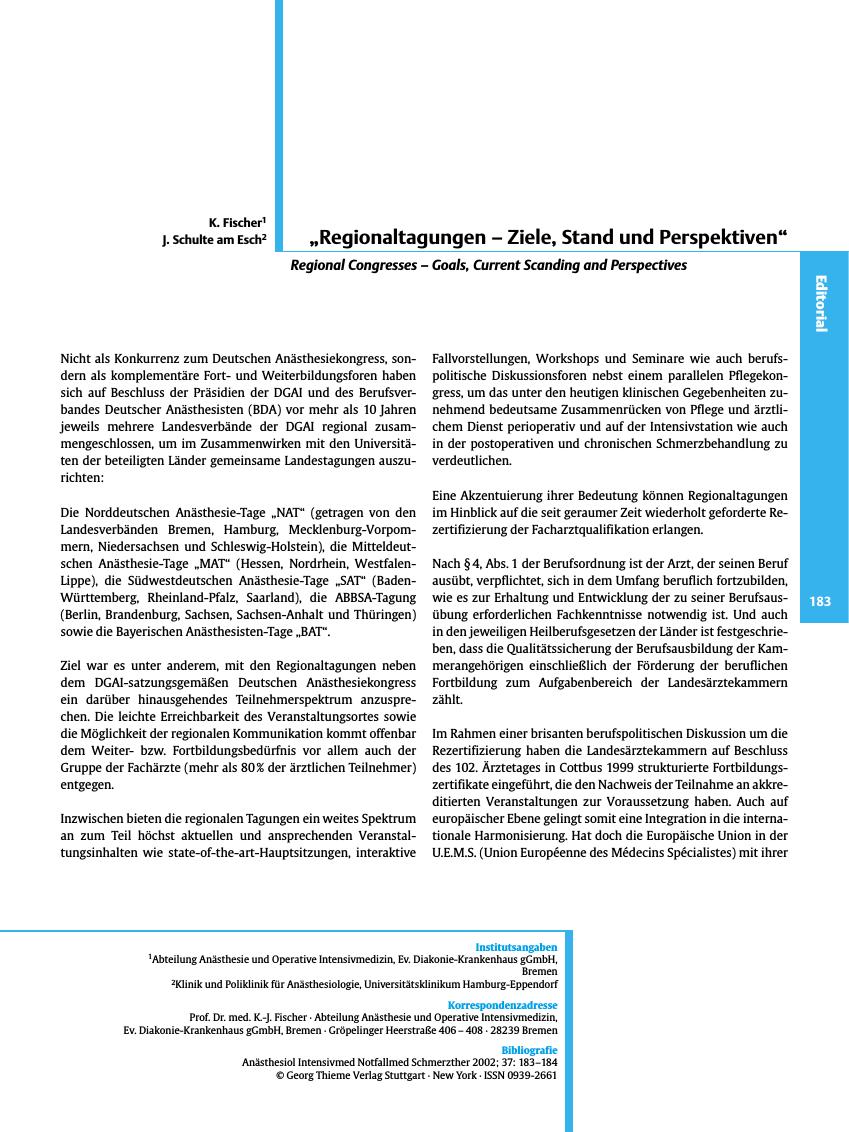 Vorschauseite 1: „Regionaltagungen - Ziele, Stand und Perspektiven”