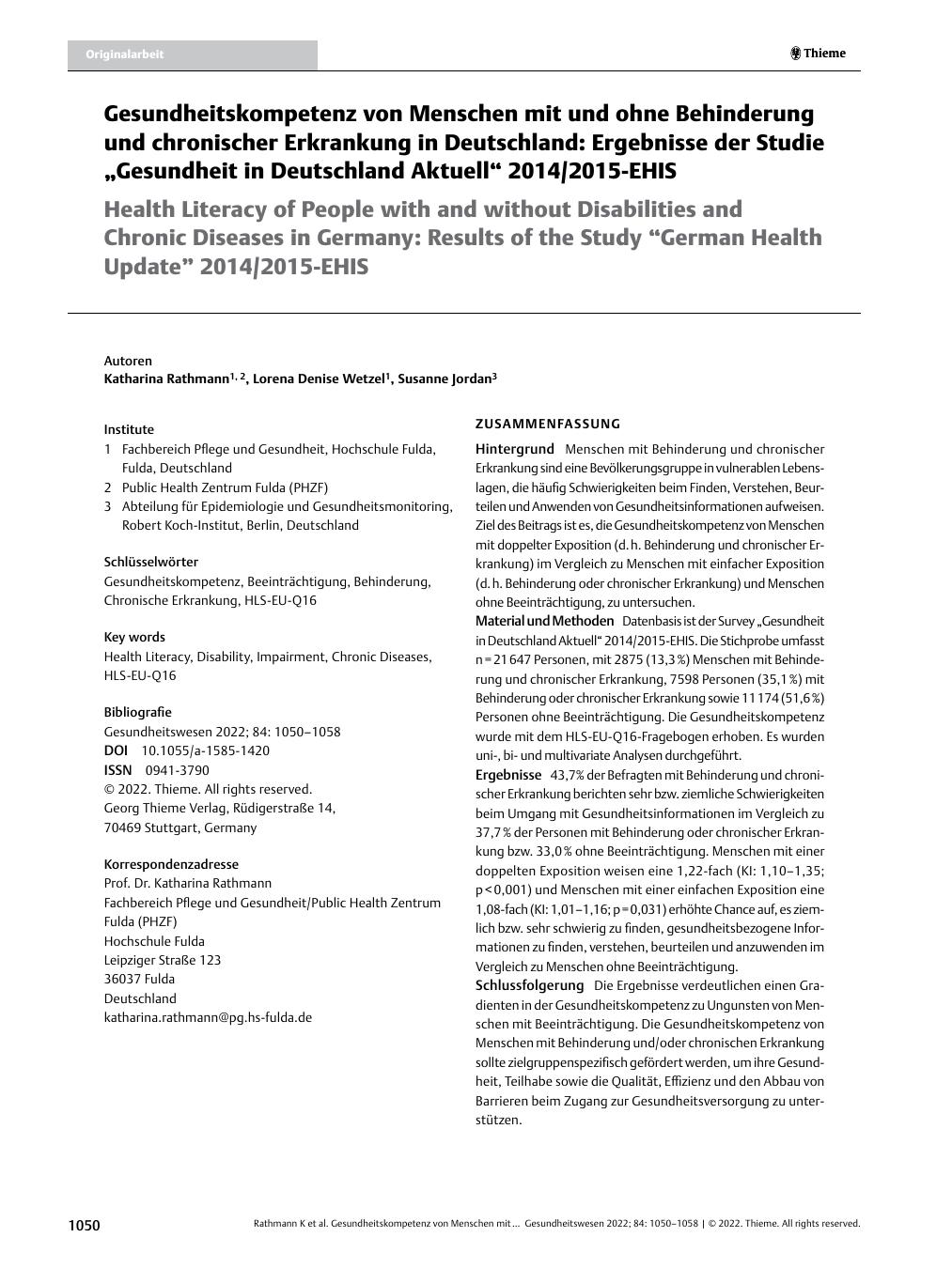 Vorschauseite 1: Gesundheitskompetenz von Menschen mit und ohne Behinderung und chronischer Erkrankung in Deutschland: Ergebnisse der Studie „Gesundheit in Deutschland Aktuell“ 2014/2015-EHIS