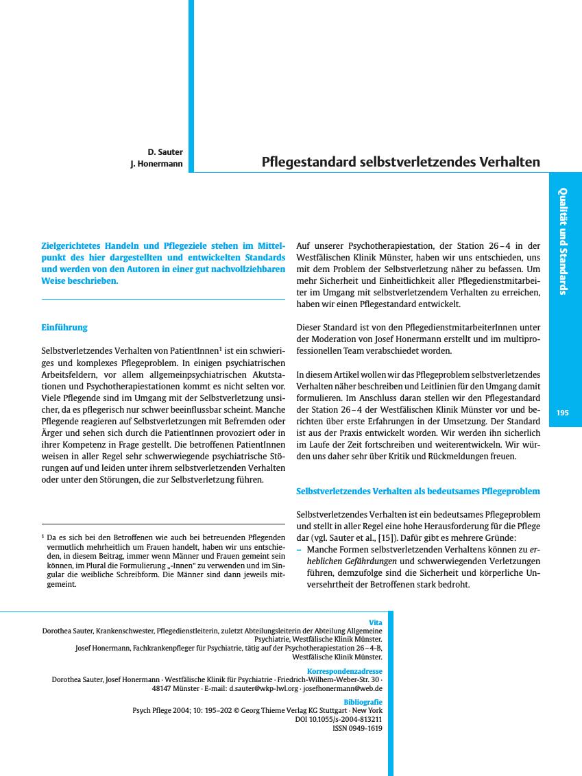 Vorschauseite 1: Pflegestandard selbstverletzendes Verhalten