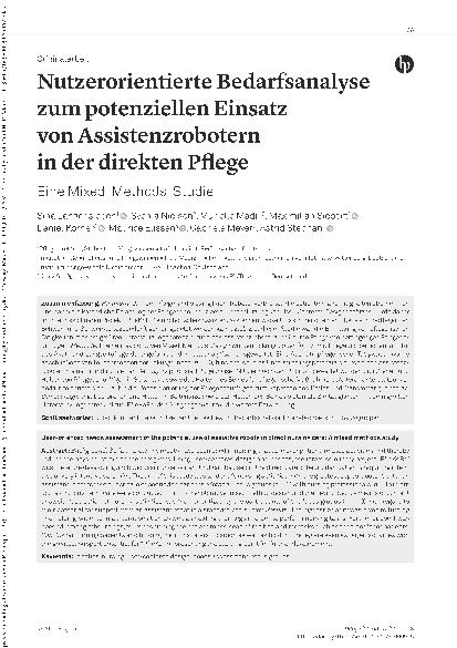 Vorschauseite 1: Nutzerorientierte Bedarfsanalyse zum potenziellen Einsatz von Assistenzrobotern in der direkten Pflege