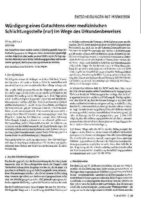 Vorschauseite 1: Würdigung eines Gutachtens einer medizinischen Schlichtungsstelle (nur) im Wege des Urkundenbeweises