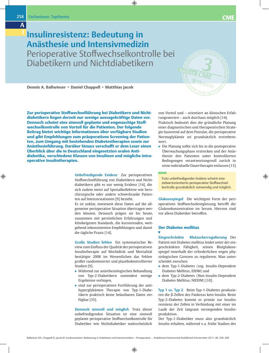 Vorschauseite 1: Insulinresistenz: Bedeutung in Anästhesie und Intensivmedizin – Perioperative Stoffwechselkontrolle bei Diabetikern und Nichtdiabetikern