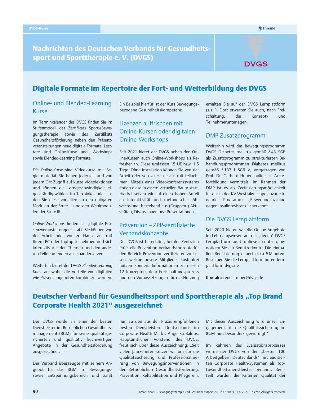 Vorschauseite 1: Nachrichten des Deutschen Verbandes für Gesundheitssport und Sporttherapie e. V. (DVGS)