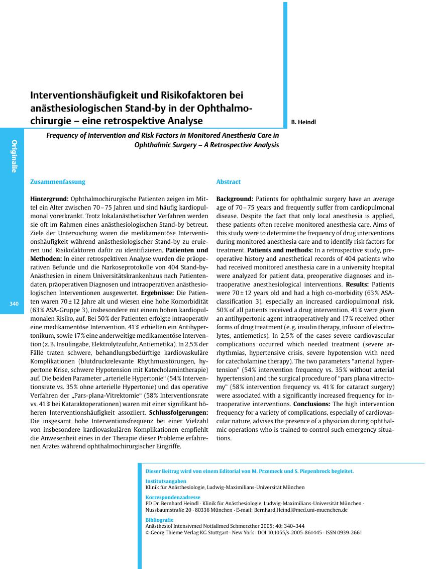 Vorschauseite 1: Interventionshäufigkeit und Risikofaktoren bei anästhesiologischen Stand-by in der Ophthalmochirurgie - eine retrospektive Analyse