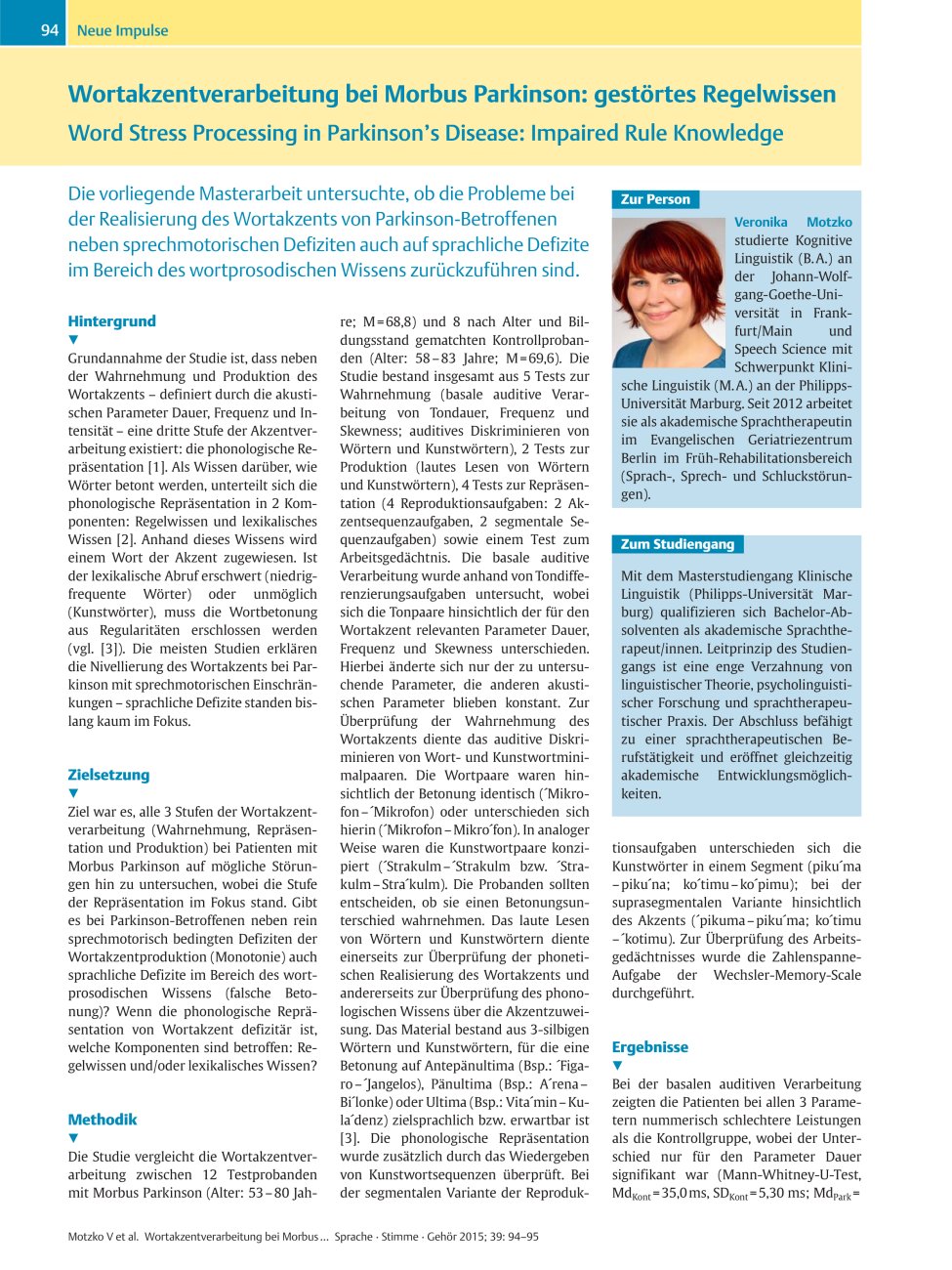 Vorschauseite 1: Wortakzentverarbeitung bei Morbus Parkinson: gestörtes Regelwissen