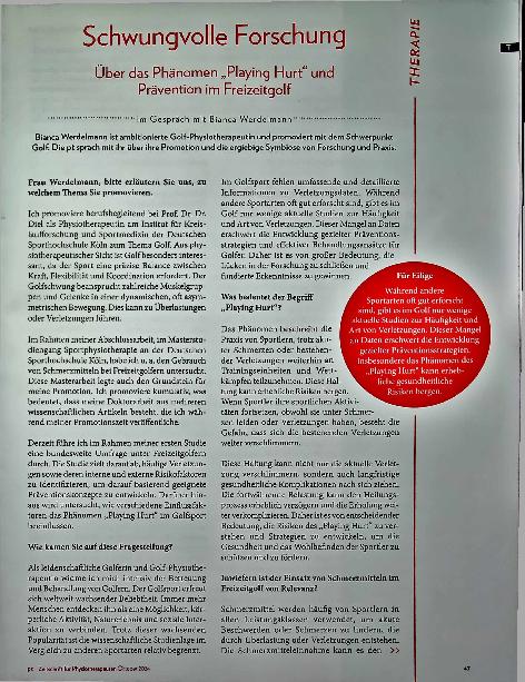 Vorschauseite 2: Schwungvolle Forschung über das Phänomen „Playing Hurt“ und Prävention im Freizeitgolf