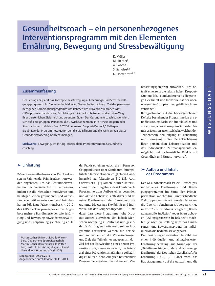 Vorschauseite 1: Gesundheitscoach – ein personenbezogenes Interventionsprogramm mit den Elementen Ernährung, Bewegung und Stressbewältigung