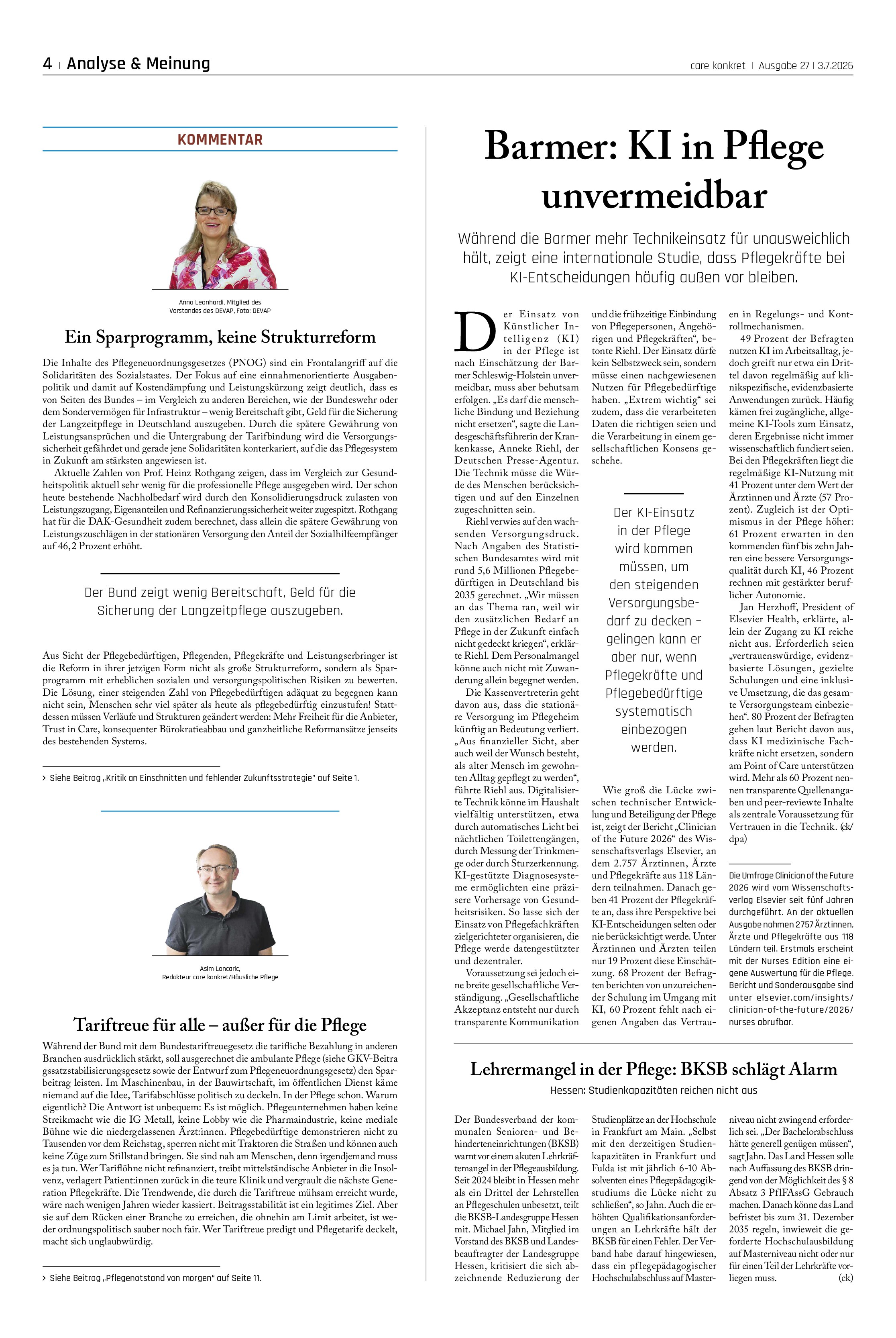 Vorschauseite 1: Barmer: KI in Pflege unvermeidbar