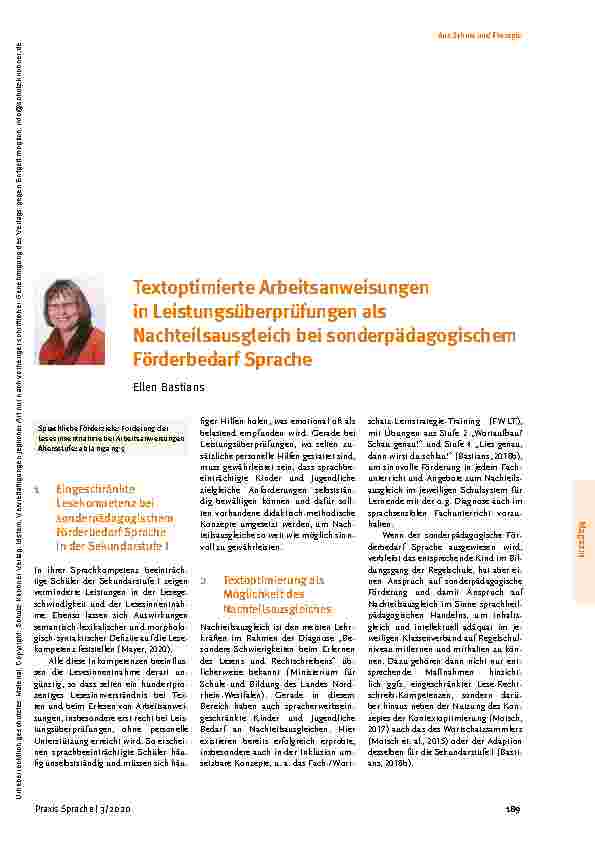 Vorschauseite 1: Textoptimierte Arbeitsanweisungen in Leistungsüberprüfungen als Nachteilsausgleich bei sonderpädagogischem Förderbedarf Sprache.