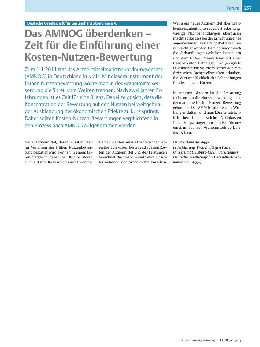 Vorschauseite 1: Deutsche Gesellschaft für Gesundheitsökonomie e.V. – Das AMNOG überdenken – Zeit für die Einführung einer Kosten-Nutzen-Bewertung