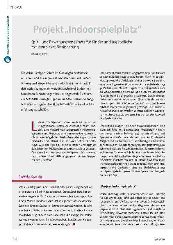 Vorschauseite 1: Projekt „Indoorspielplatz“ Spielund Bewegungsangebote für Kinder und Jugendliche mit komplexer Behinderung
