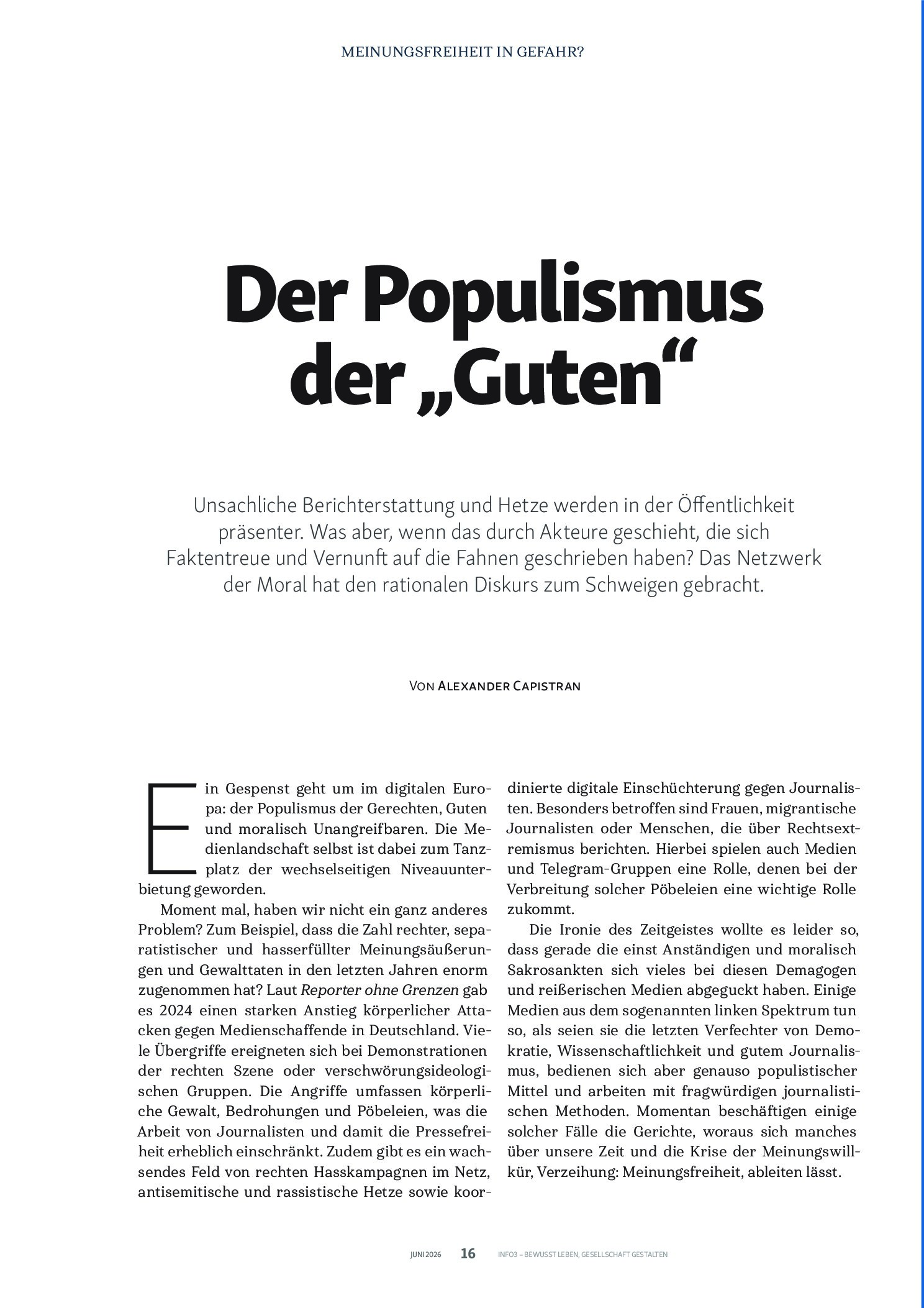 Vorschauseite 1: Der Populismus der „Guten“
