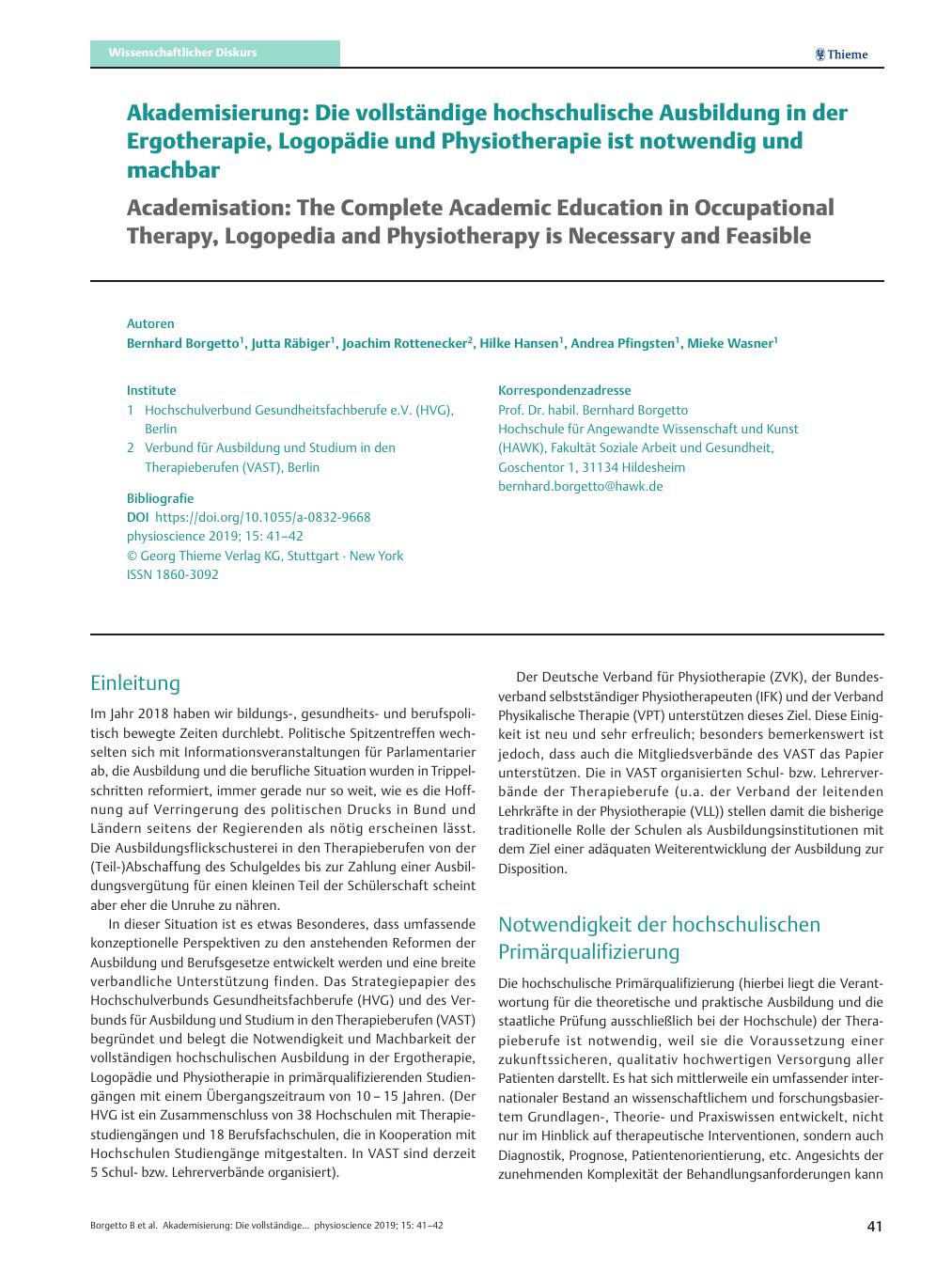 Vorschauseite 1: Akademisierung: Die vollständige hochschulische Ausbildung in der Ergotherapie, Logopädie und Physiotherapie ist notwendig und machbar