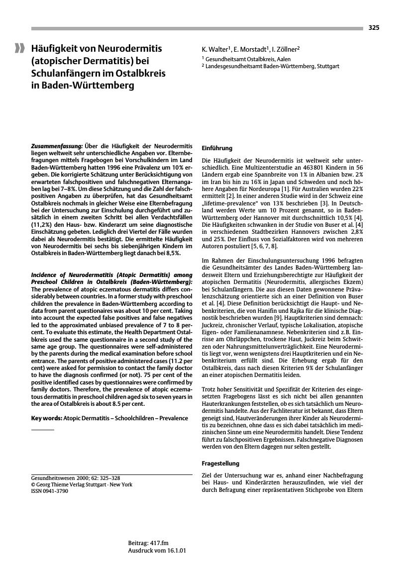 Vorschauseite 1: Häufigkeit von Neurodermitis (atopischer Dermatitis) bei Schulanfängern im Ostalbkreis in Baden-Württemberg