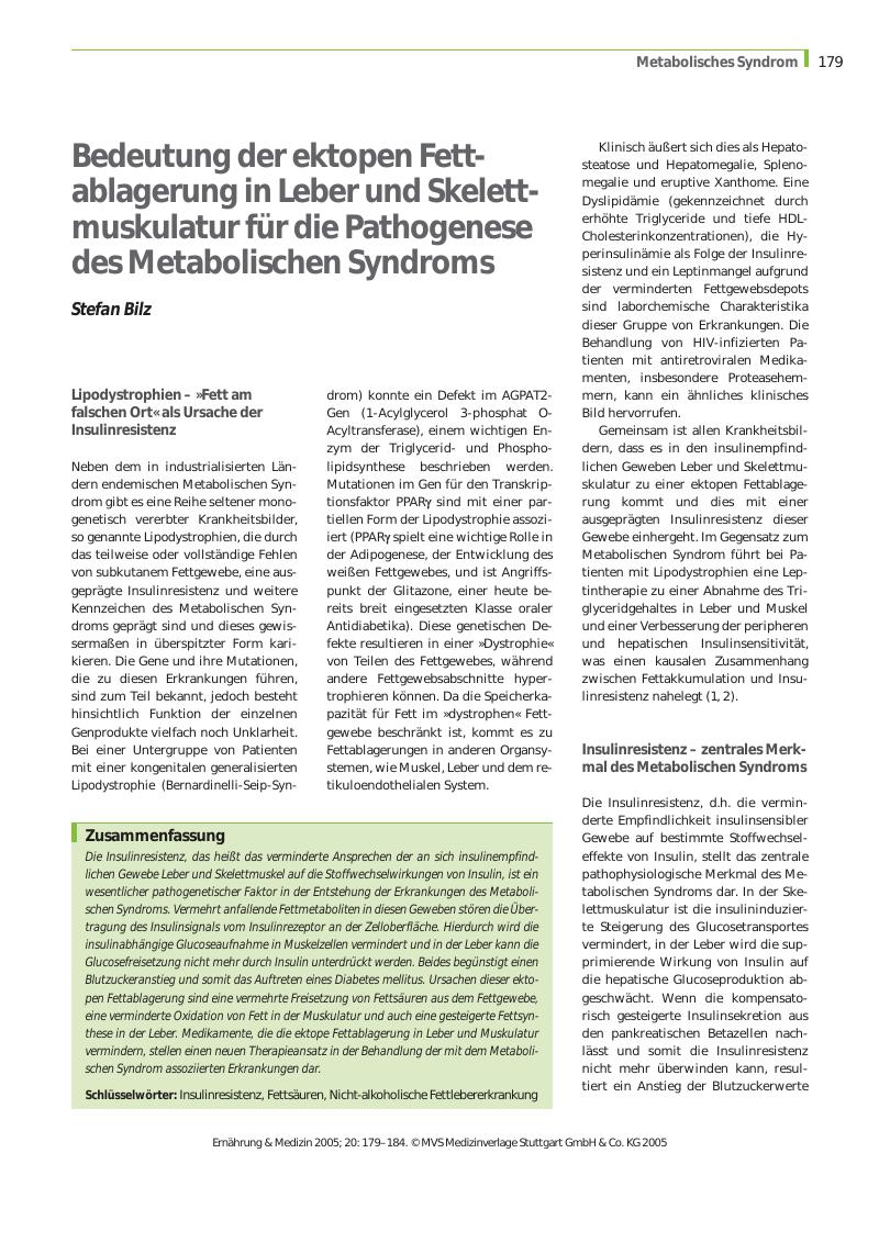 Vorschauseite 1: Bedeutung der ektopen Fettablagerung in Leber und Skelettmuskulatur für die Pathogenese des Metabolischen Syndroms